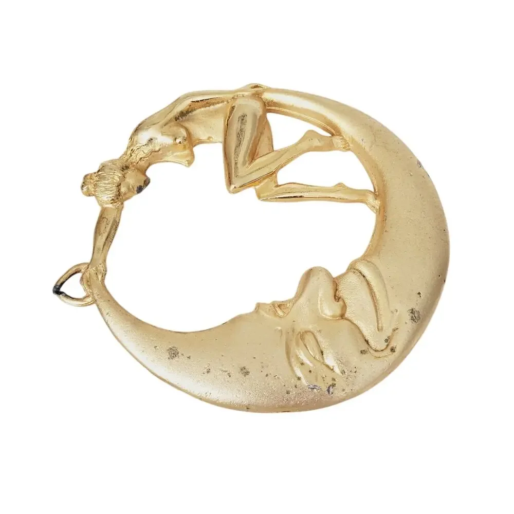 1979 Bergamot Gold Brass Works Crescent Moon & Nude Woman Pendant Belt USA RARE
